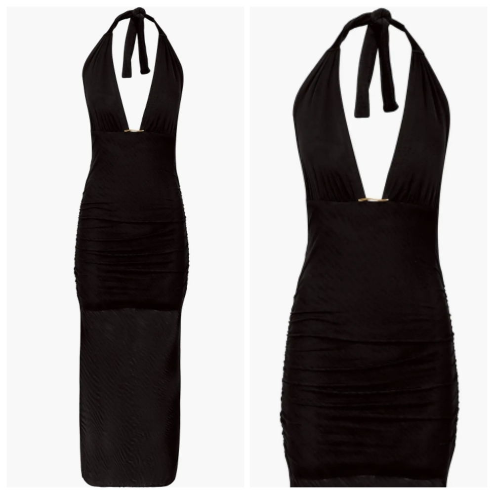 New Caroline Constas Salma Halter Gold Plated Detail Black Cover-Up Dress Large - Picture 4 of 8